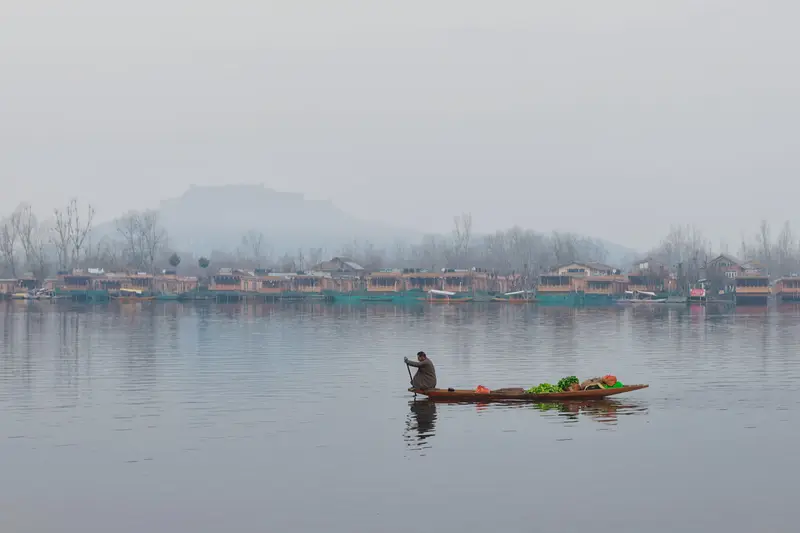A lone shikara gliding across a misty Dal Lake in Srinagar