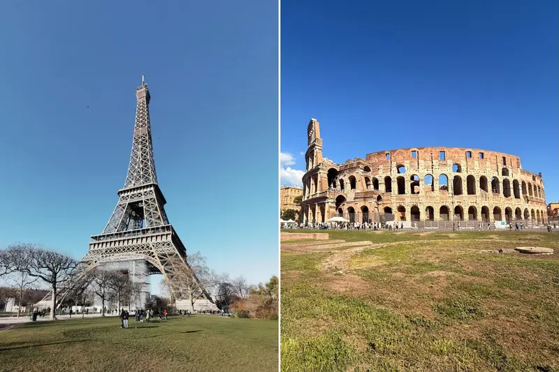 Split image: the Eiffel Tower in Paris and the Colosseum in Rome, both under blue skies