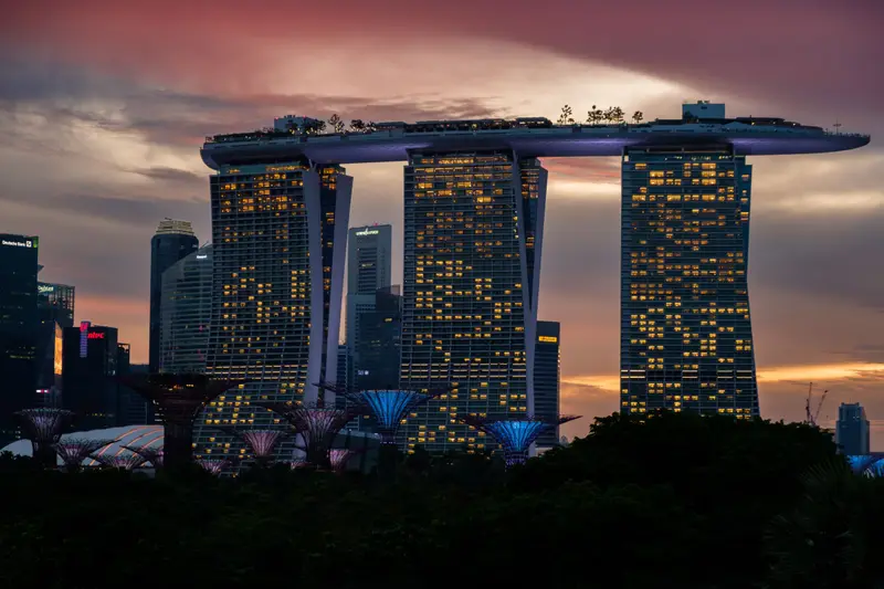 Marina Bay Sands and Gardens by the Bay at sunset, Singapore