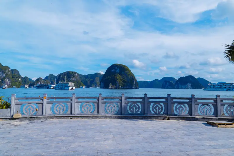 Limestone islands rising from the water in Ha Long Bay, Vietnam